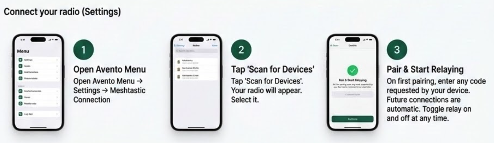 Three steps to connect a Meshtastic radio in Avento Settings