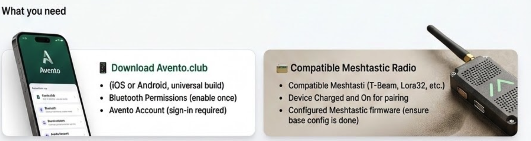 Avento mobile app and compatible Meshtastic radio requirements